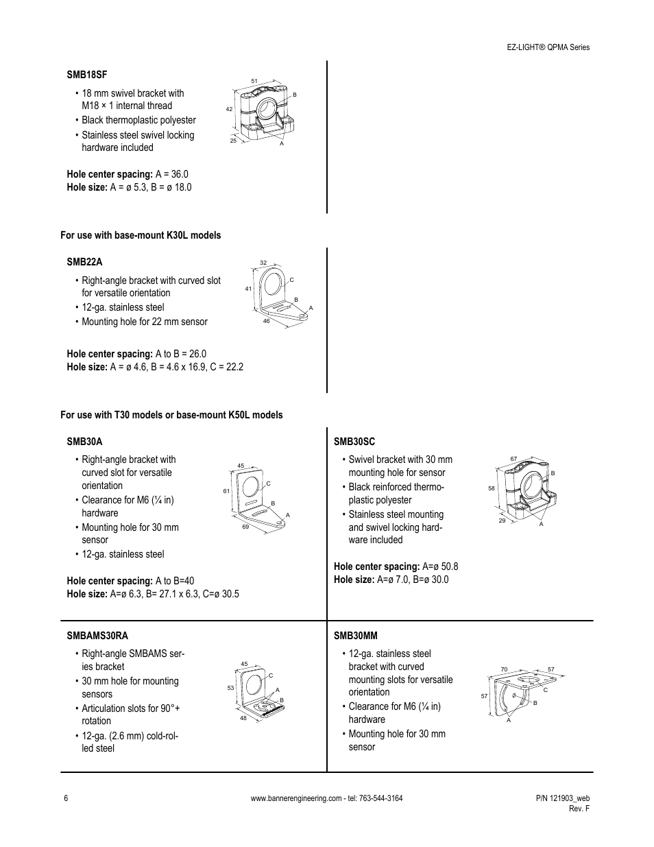 For use with base-mount k30l models, For use with t30 models or base-mount k50l models | Banner K50FL General Purpose EZ-LIGHT User Manual | Page 6 / 7