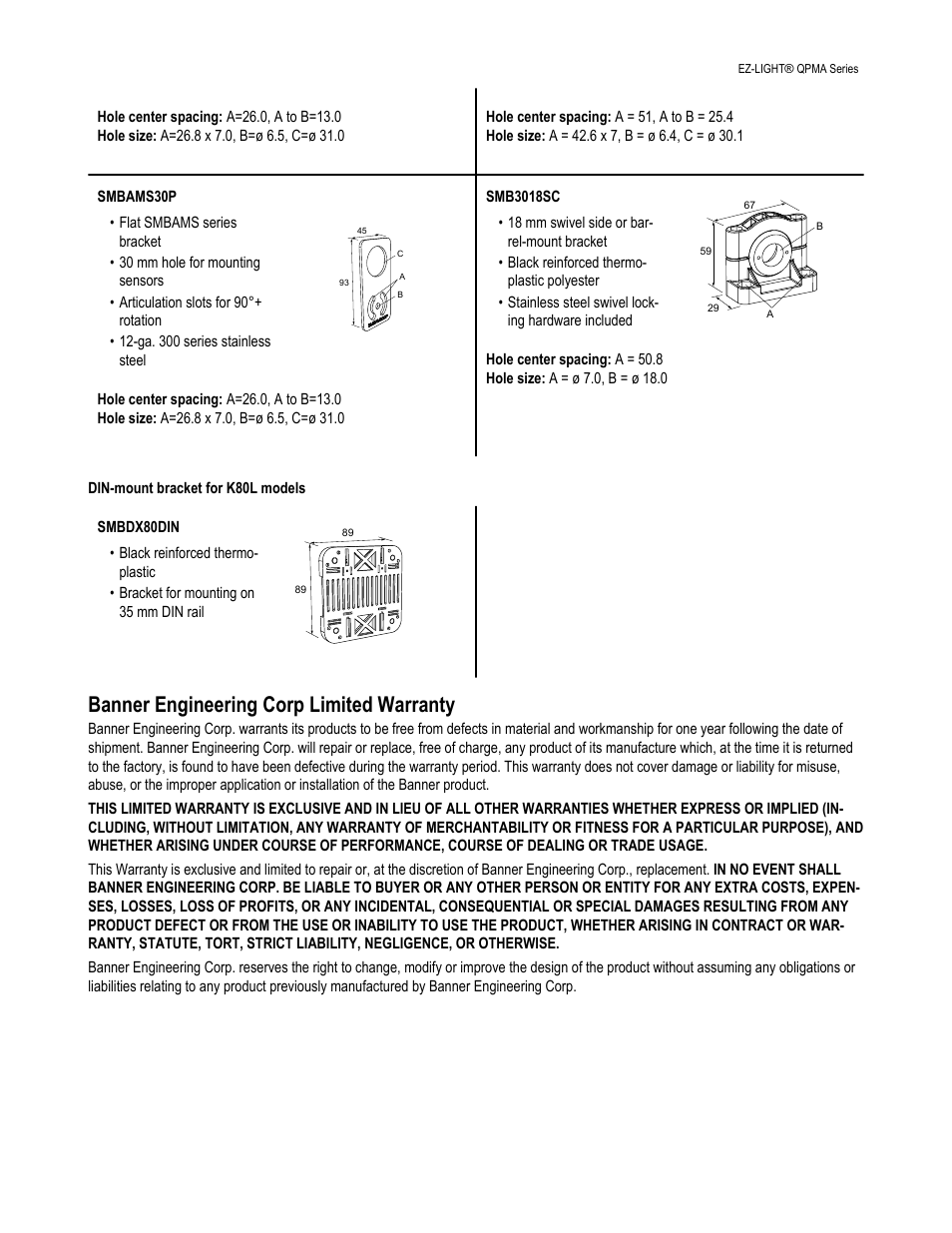 Din-mount bracket for k80l models, Banner engineering corp limited warranty | Banner K50FL General Purpose EZ-LIGHT User Manual | Page 7 / 7