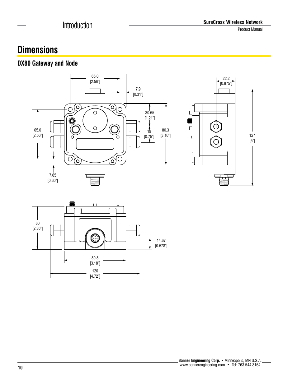 Dimensions, Introduction, Dx80 gateway and node | Banner SureCross DX80 Wireless Networks User Manual | Page 10 / 114