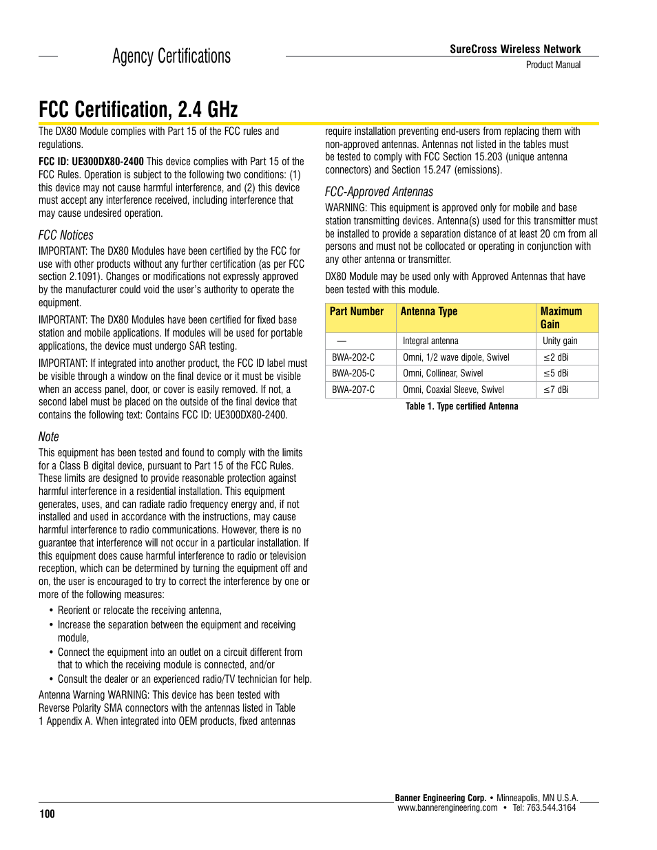 Fcc certification, 2.4 ghz, Agency certifications | Banner SureCross DX80 Wireless Networks User Manual | Page 100 / 114