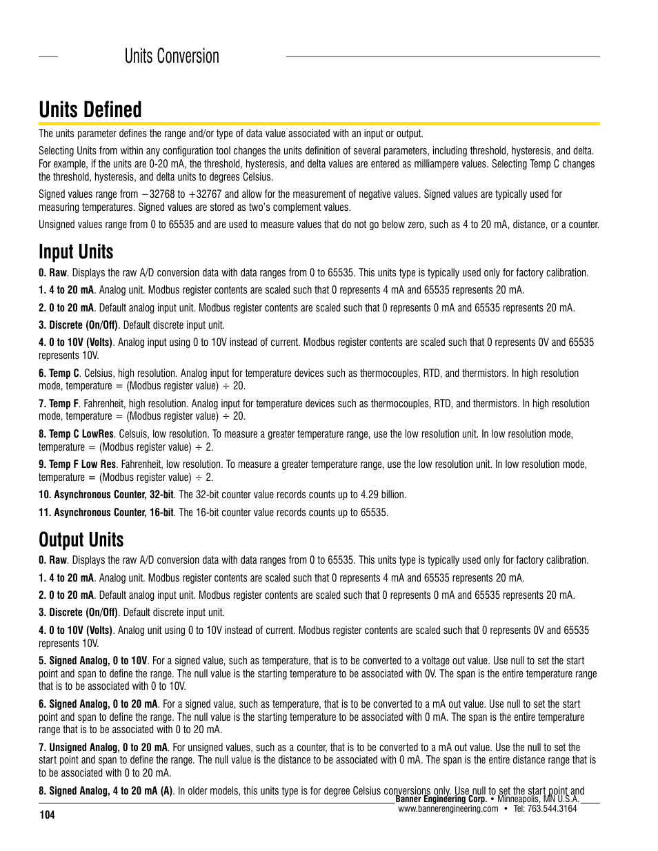 Units defined, Units conversion, Input units | Output units | Banner SureCross DX80 Wireless Networks User Manual | Page 104 / 114