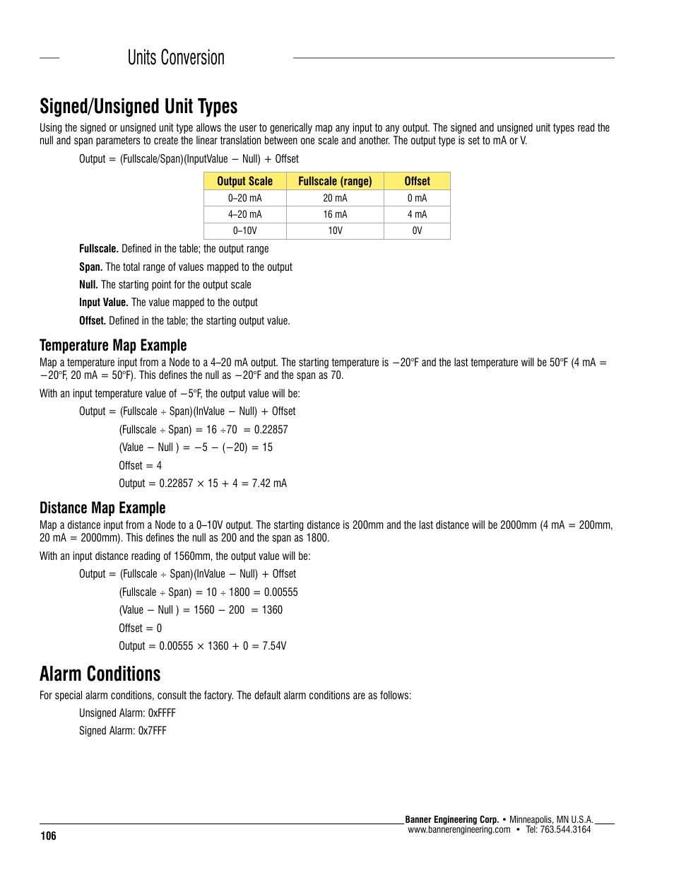 Units conversion signed/unsigned unit types, Alarm conditions, Temperature map example | Distance map example | Banner SureCross DX80 Wireless Networks User Manual | Page 106 / 114