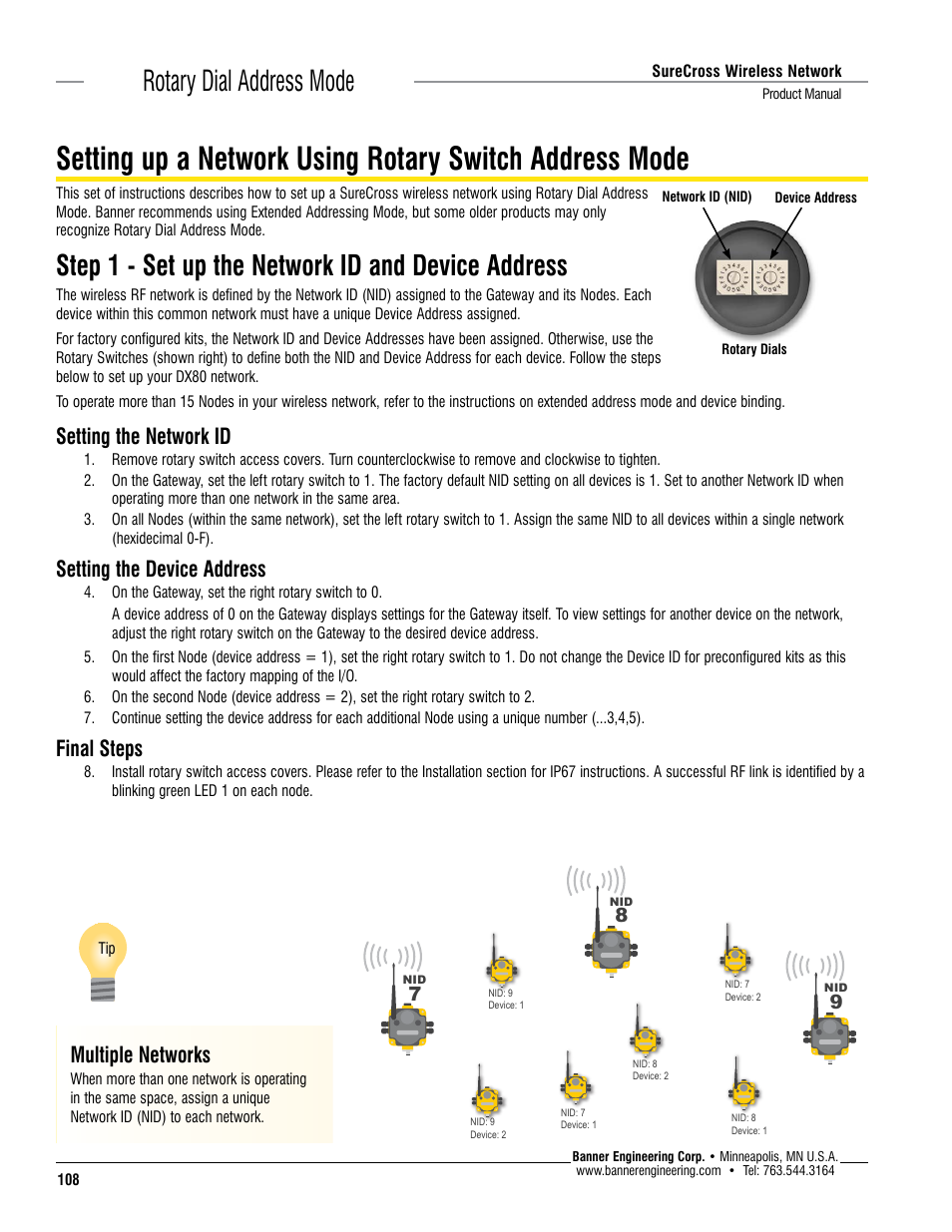 Setting the network id, Setting the device address, Final steps | Multiple networks | Banner SureCross DX80 Wireless Networks User Manual | Page 108 / 114