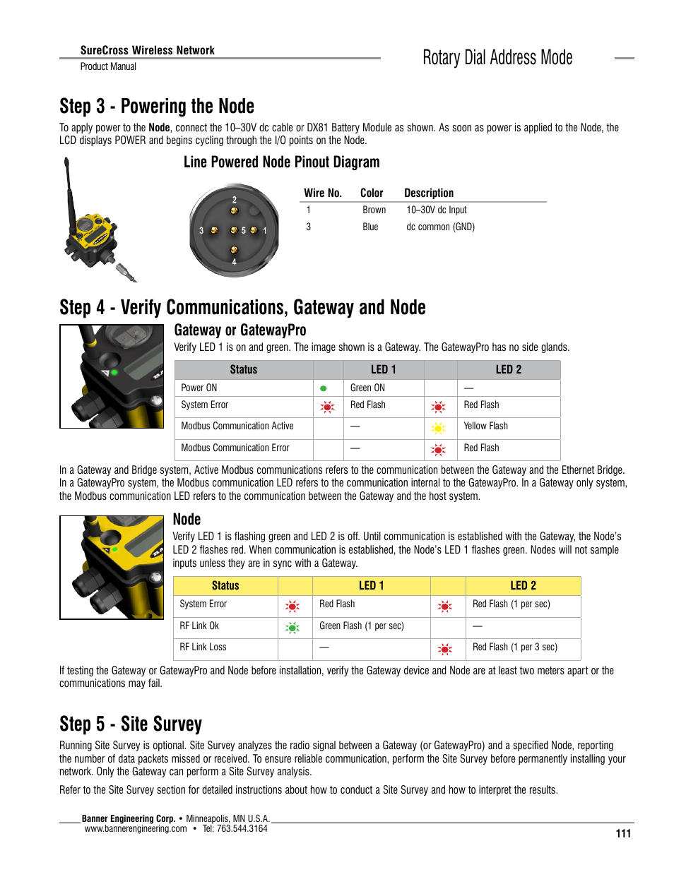 Rotary dial address mode, Step 3 - powering the node, Step 4 - verify communications, gateway and node | Step 5 - site survey, Line powered node pinout diagram, Gateway or gatewaypro, Node | Banner SureCross DX80 Wireless Networks User Manual | Page 111 / 114