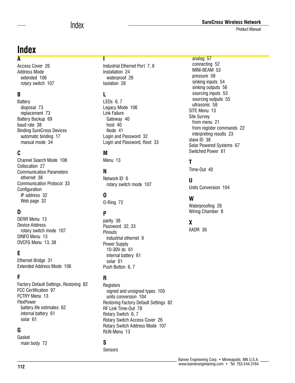 Index | Banner SureCross DX80 Wireless Networks User Manual | Page 112 / 114