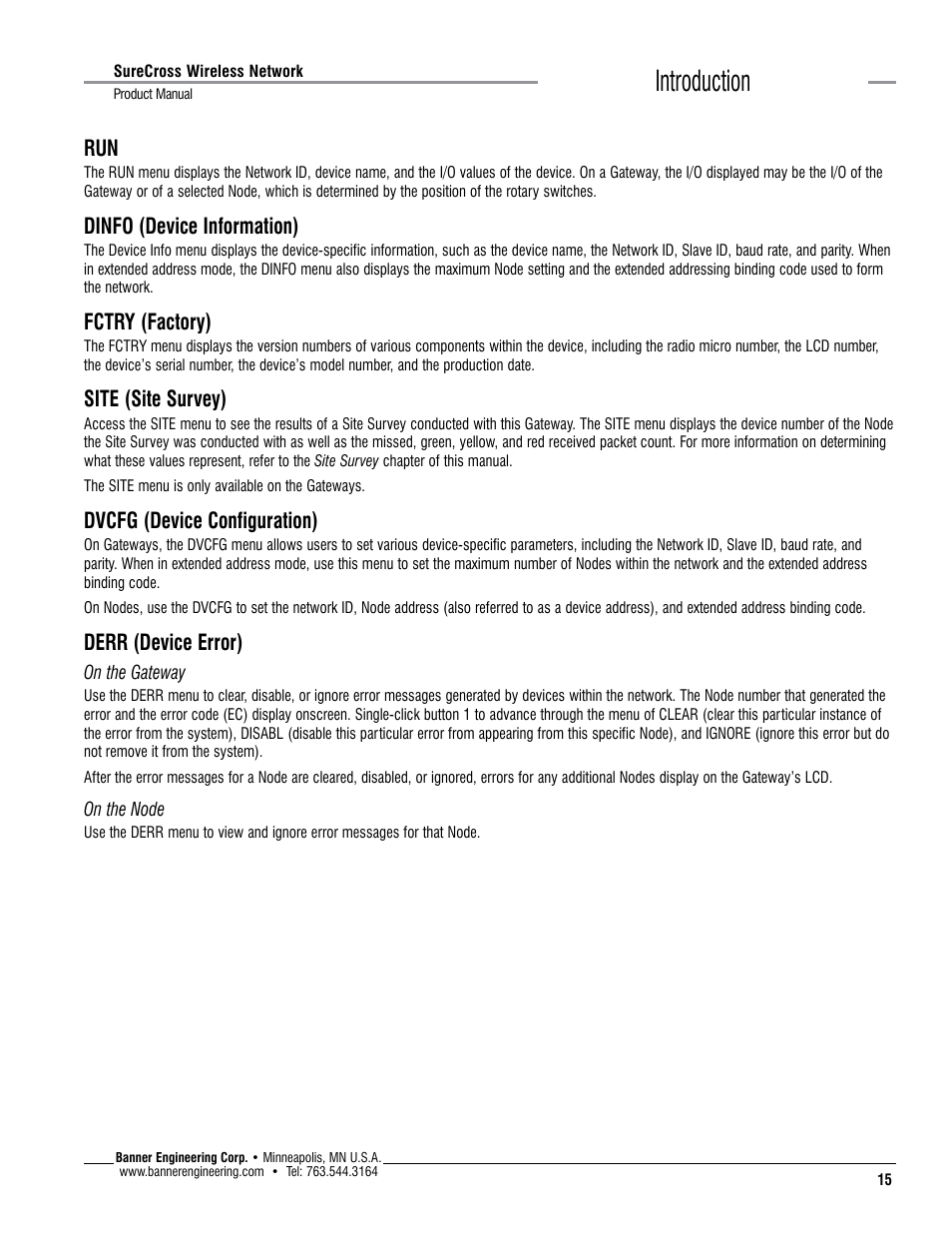 Introduction, Dinfo (device information), Fctry (factory) | Site (site survey), Dvcfg (device configuration), Derr (device error) | Banner SureCross DX80 Wireless Networks User Manual | Page 15 / 114