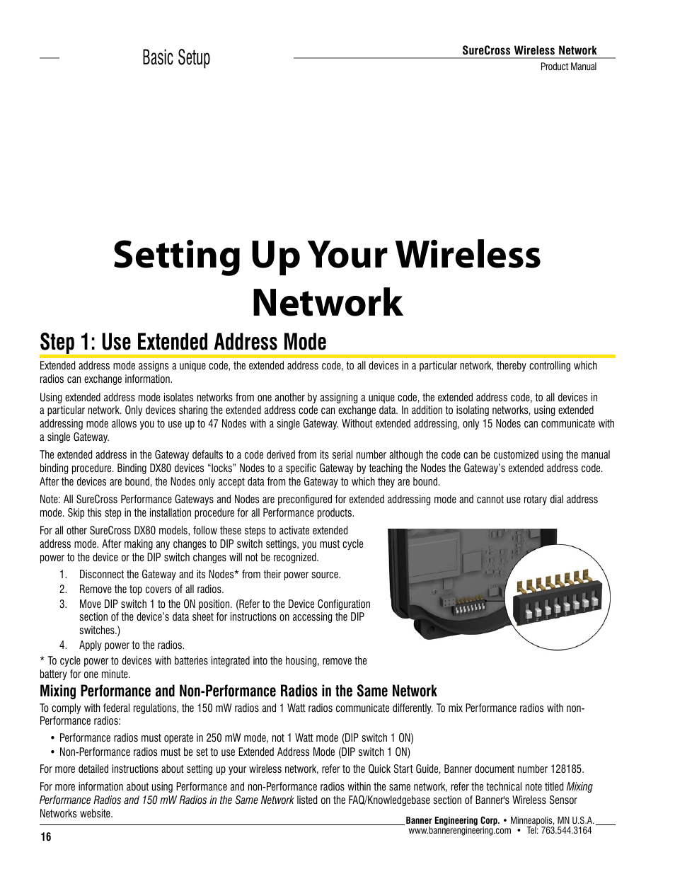 Setting up your wireless network, Step 1: use extended address mode, Basic setup | Banner SureCross DX80 Wireless Networks User Manual | Page 16 / 114