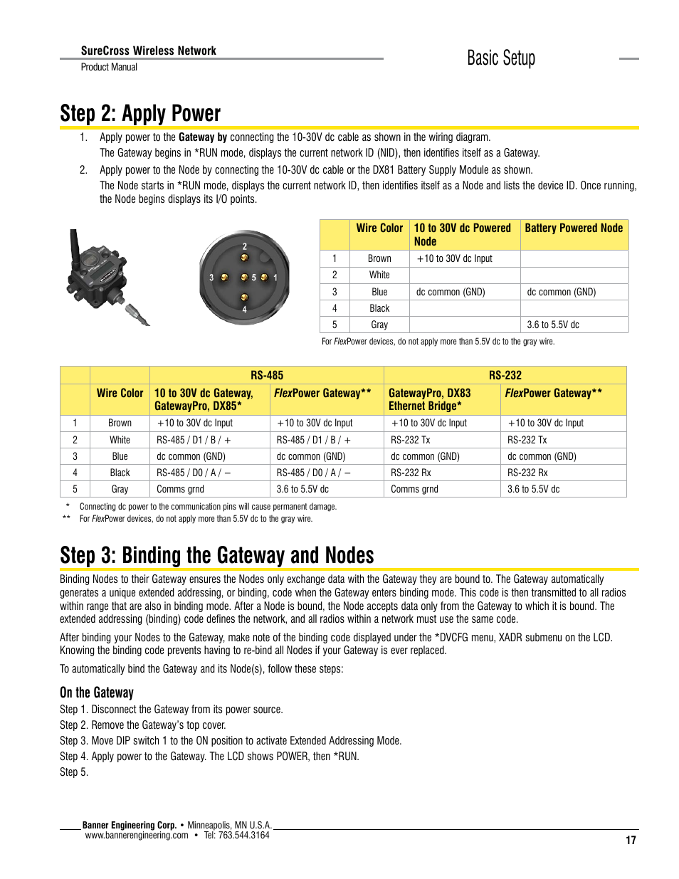 Step 2: apply power, Step 3: binding the gateway and nodes, Basic setup | On the gateway | Banner SureCross DX80 Wireless Networks User Manual | Page 17 / 114