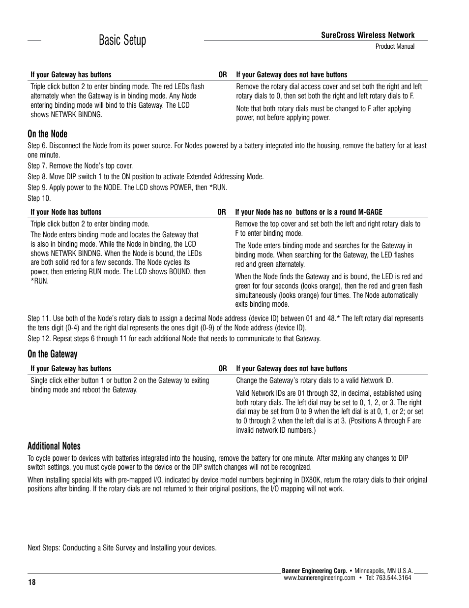 Basic setup, On the node, On the gateway | Banner SureCross DX80 Wireless Networks User Manual | Page 18 / 114