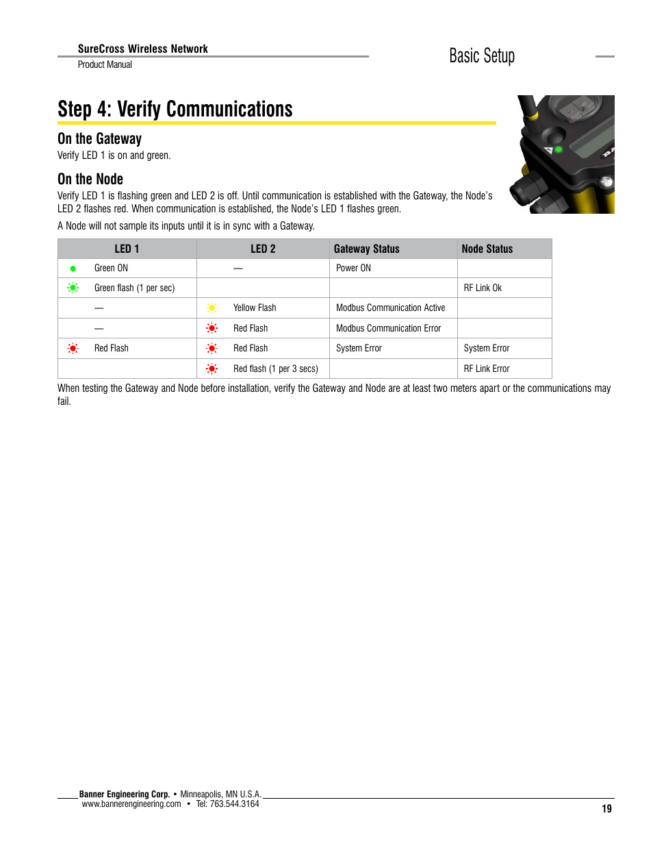 Step 4: verify communications, Basic setup, On the gateway | On the node | Banner SureCross DX80 Wireless Networks User Manual | Page 19 / 114