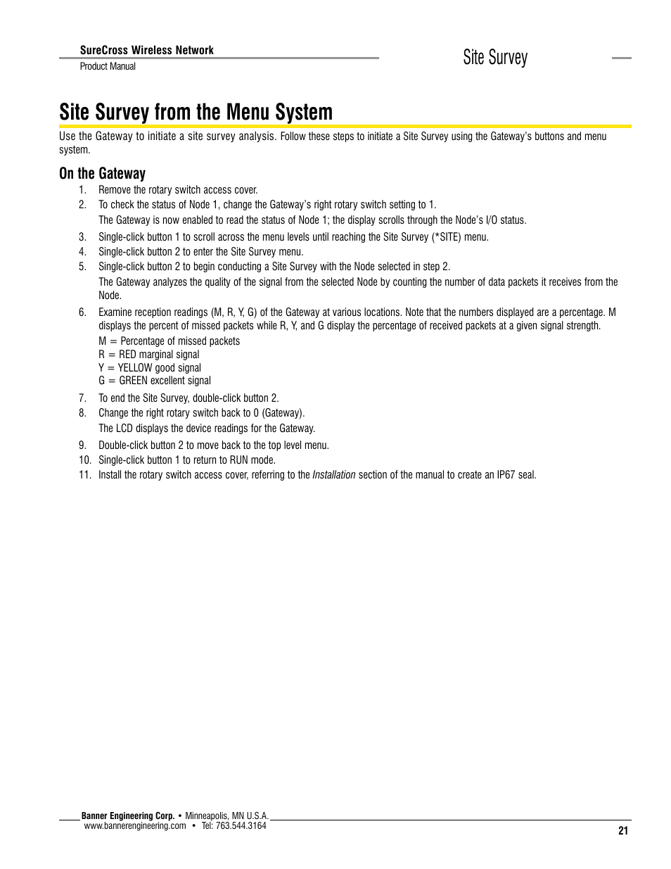 Site survey from the menu system, Site survey, On the gateway | Banner SureCross DX80 Wireless Networks User Manual | Page 21 / 114