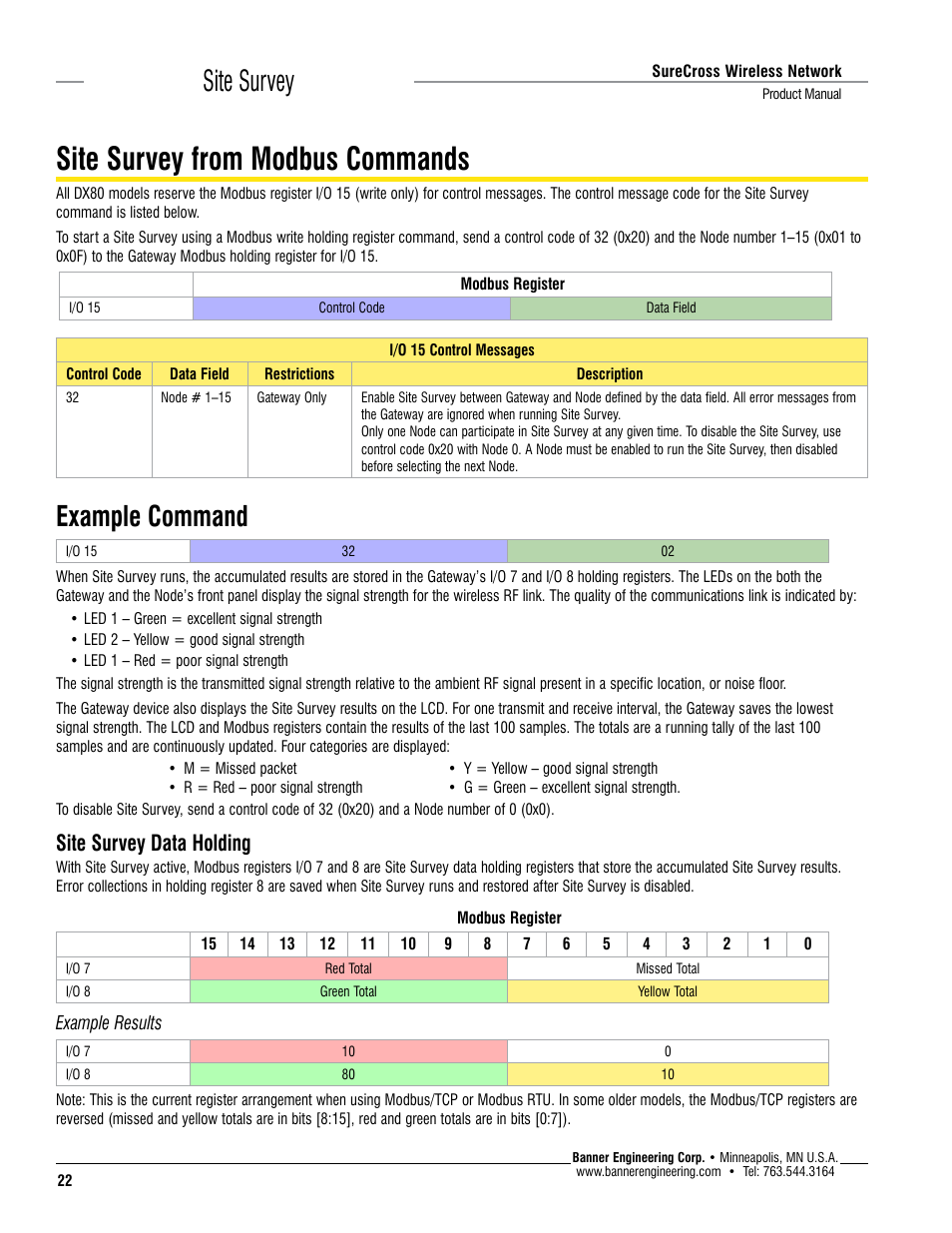 Site survey from modbus commands, Site survey, Example command | Site survey data holding | Banner SureCross DX80 Wireless Networks User Manual | Page 22 / 114