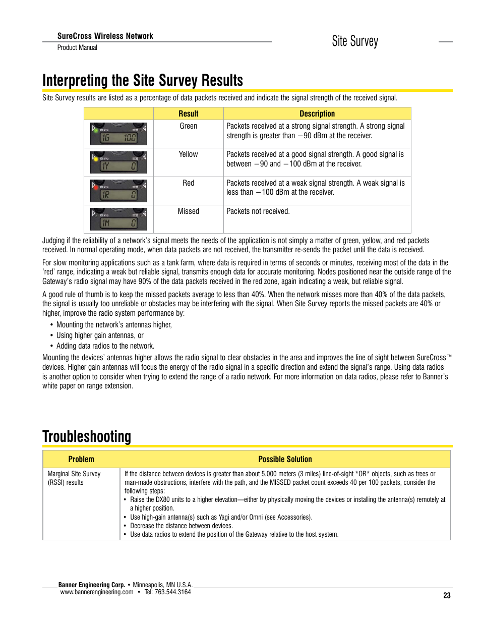 Interpreting the site survey results, Troubleshooting, Site survey | Banner SureCross DX80 Wireless Networks User Manual | Page 23 / 114