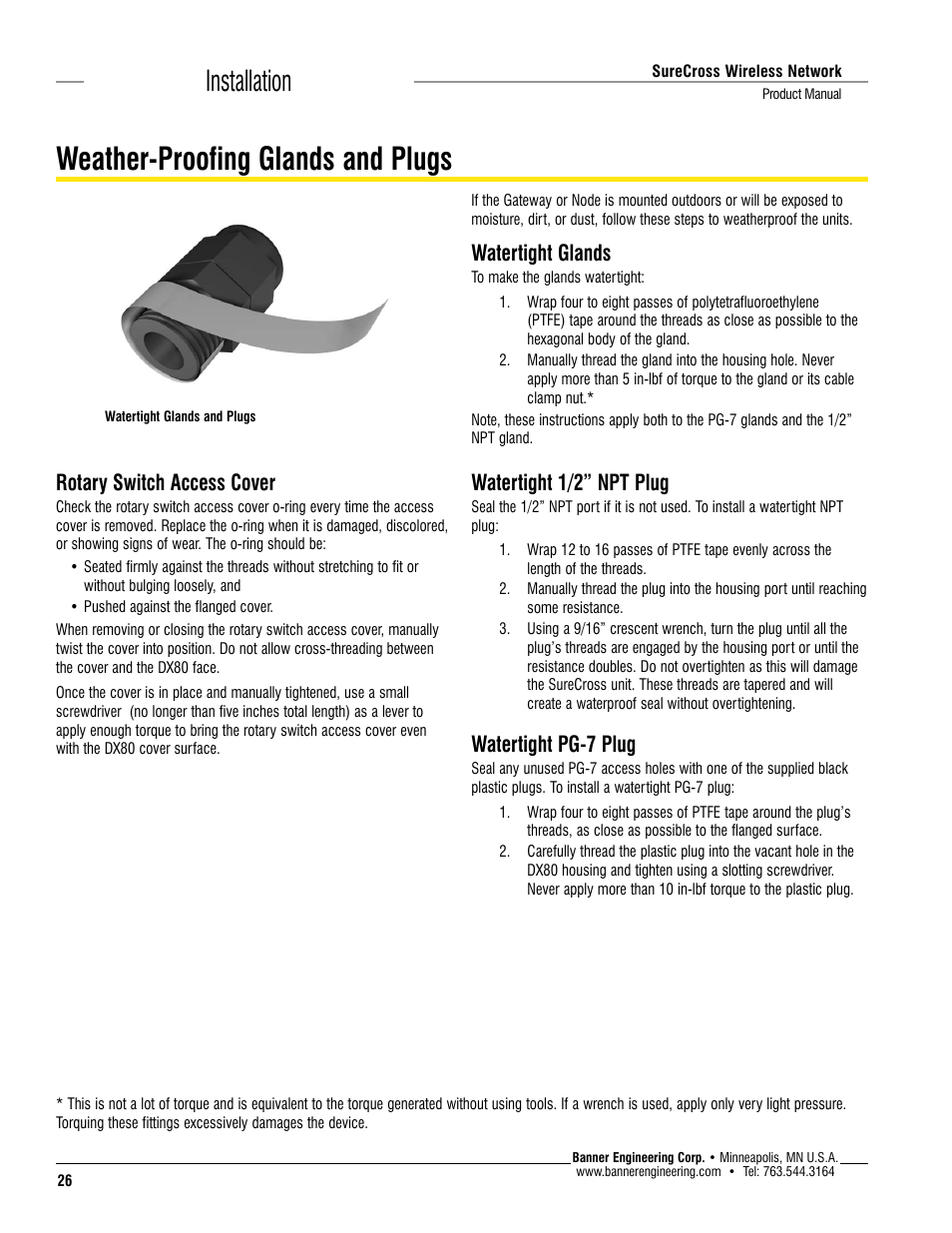 Weather-proofing glands and plugs, Installation, Watertight glands | Rotary switch access cover, Watertight 1/2” npt plug, Watertight pg-7 plug | Banner SureCross DX80 Wireless Networks User Manual | Page 26 / 114