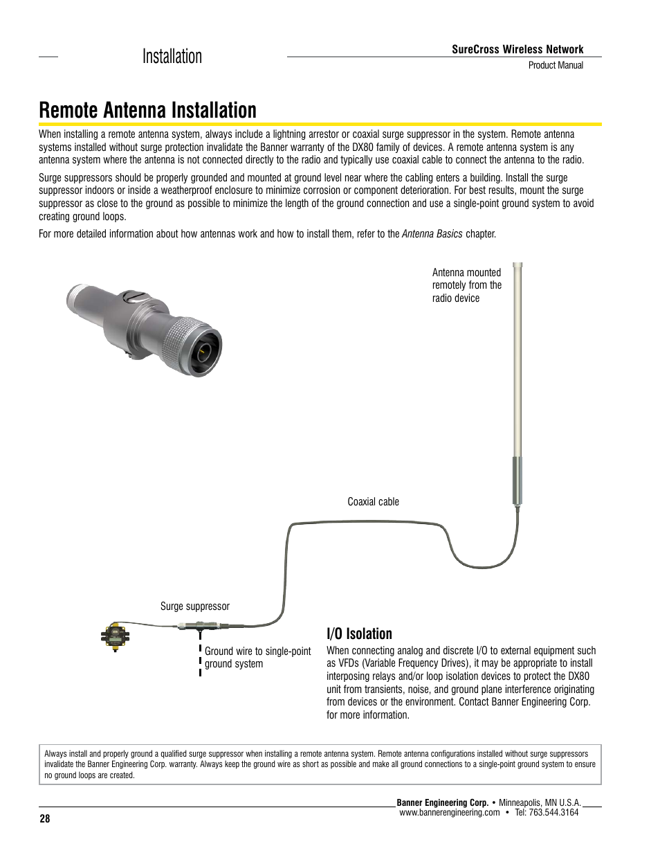 Remote antenna installation, Installation, I/o isolation | Banner SureCross DX80 Wireless Networks User Manual | Page 28 / 114