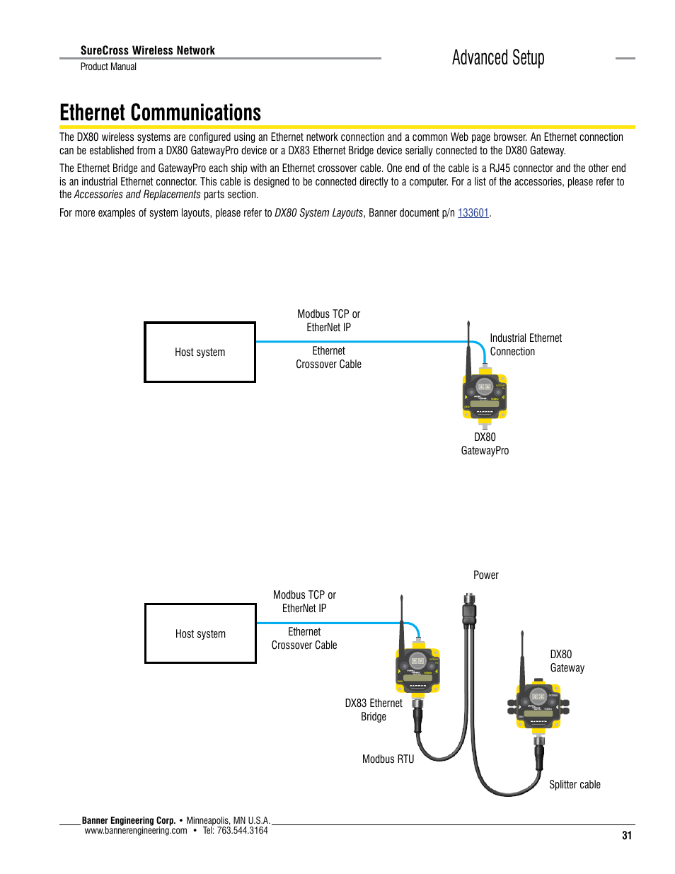 Ethernet communications, Advanced setup, Surecross wireless network | Host system | Banner SureCross DX80 Wireless Networks User Manual | Page 31 / 114