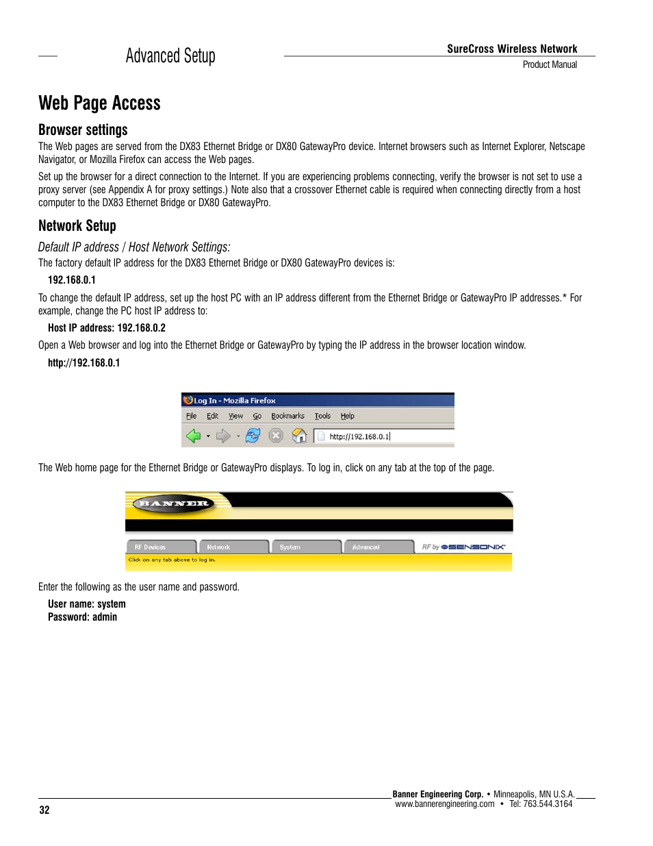 Advanced setup web page access, Browser settings, Network setup | Banner SureCross DX80 Wireless Networks User Manual | Page 32 / 114