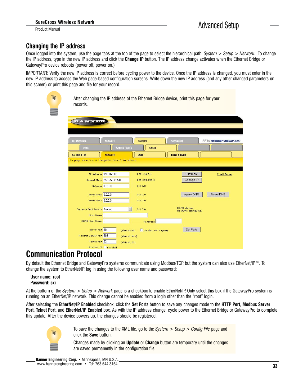 Advanced setup, Communication protocol, Changing the ip address | Banner SureCross DX80 Wireless Networks User Manual | Page 33 / 114