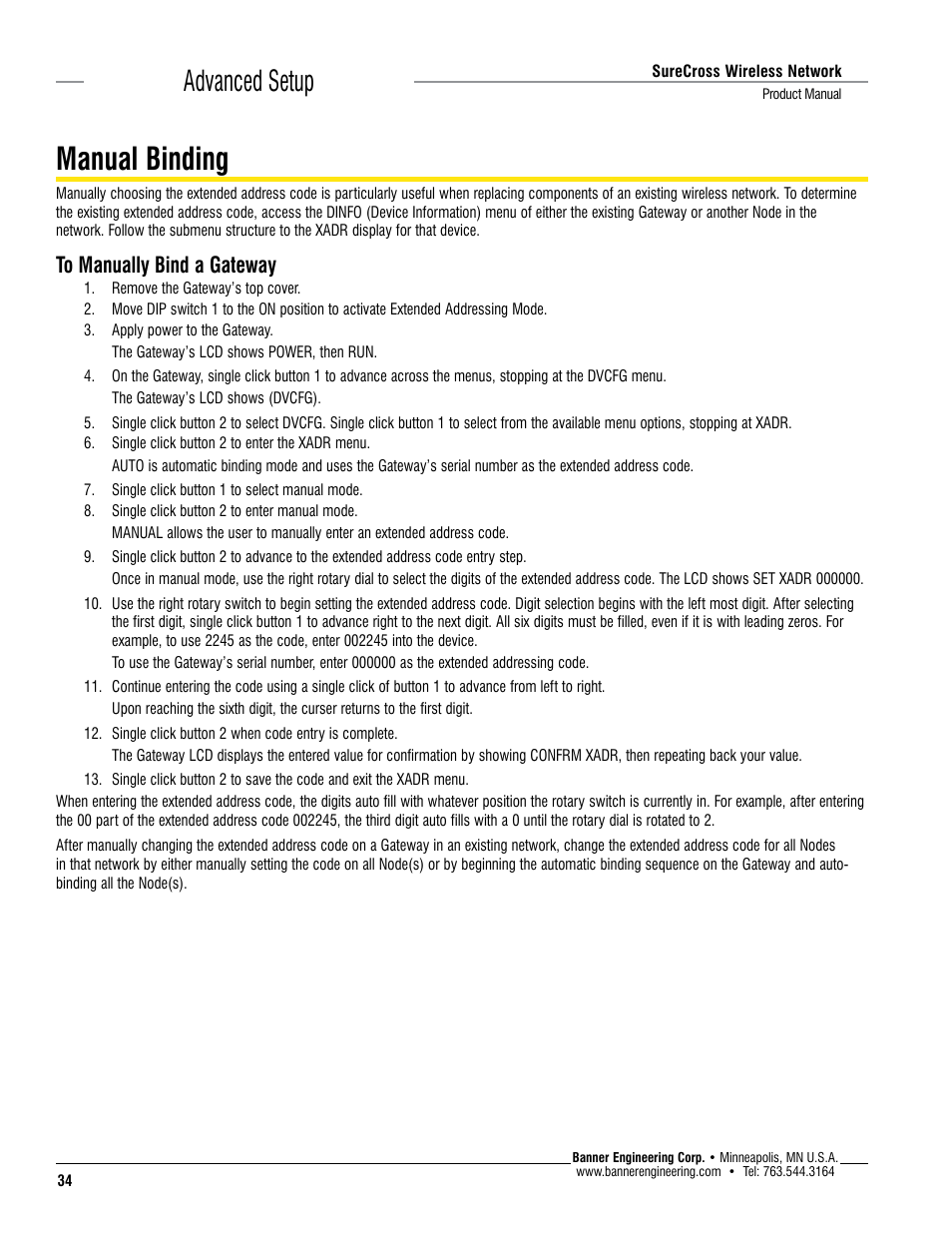 Manual binding, Advanced setup | Banner SureCross DX80 Wireless Networks User Manual | Page 34 / 114