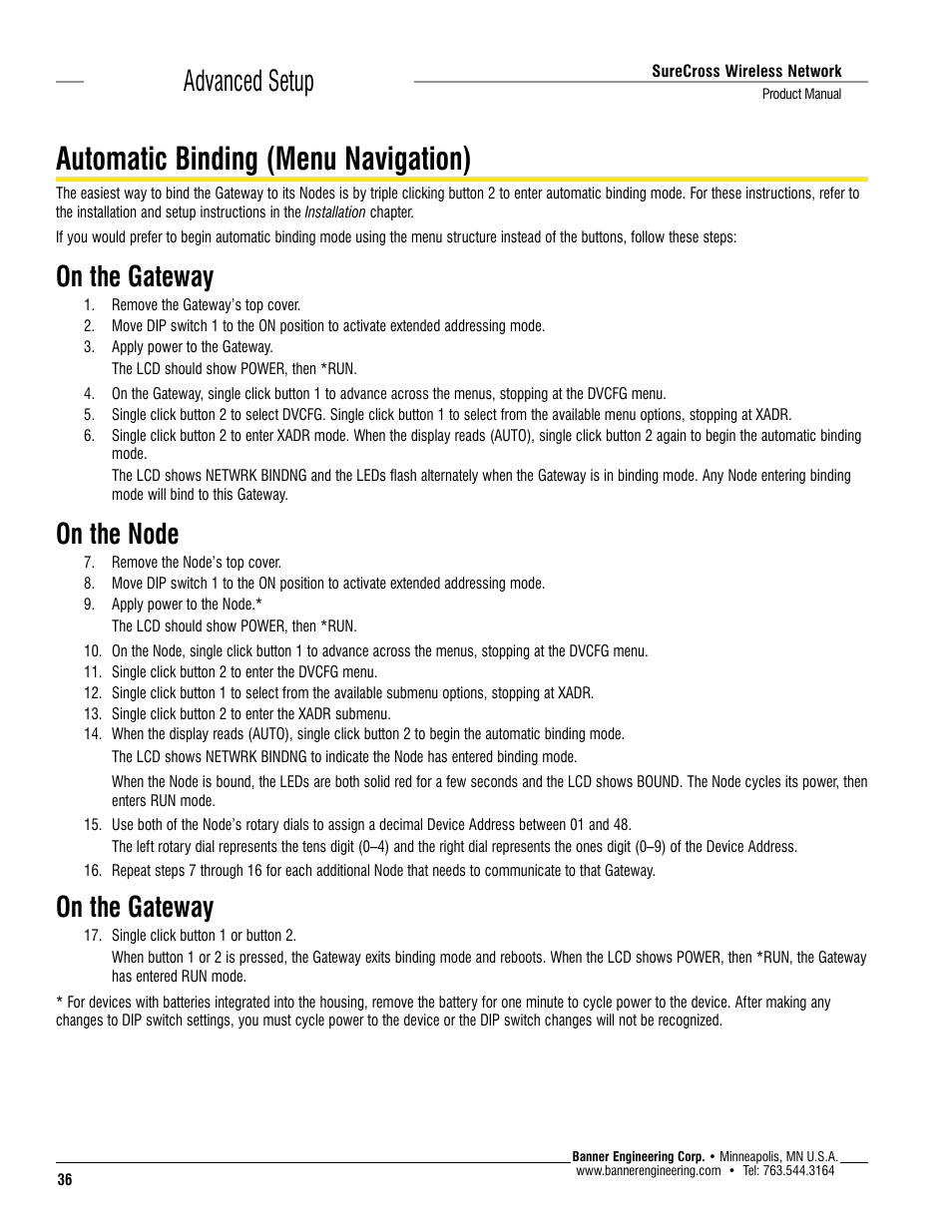 Automatic binding (menu navigation), Advanced setup, On the gateway | On the node | Banner SureCross DX80 Wireless Networks User Manual | Page 36 / 114