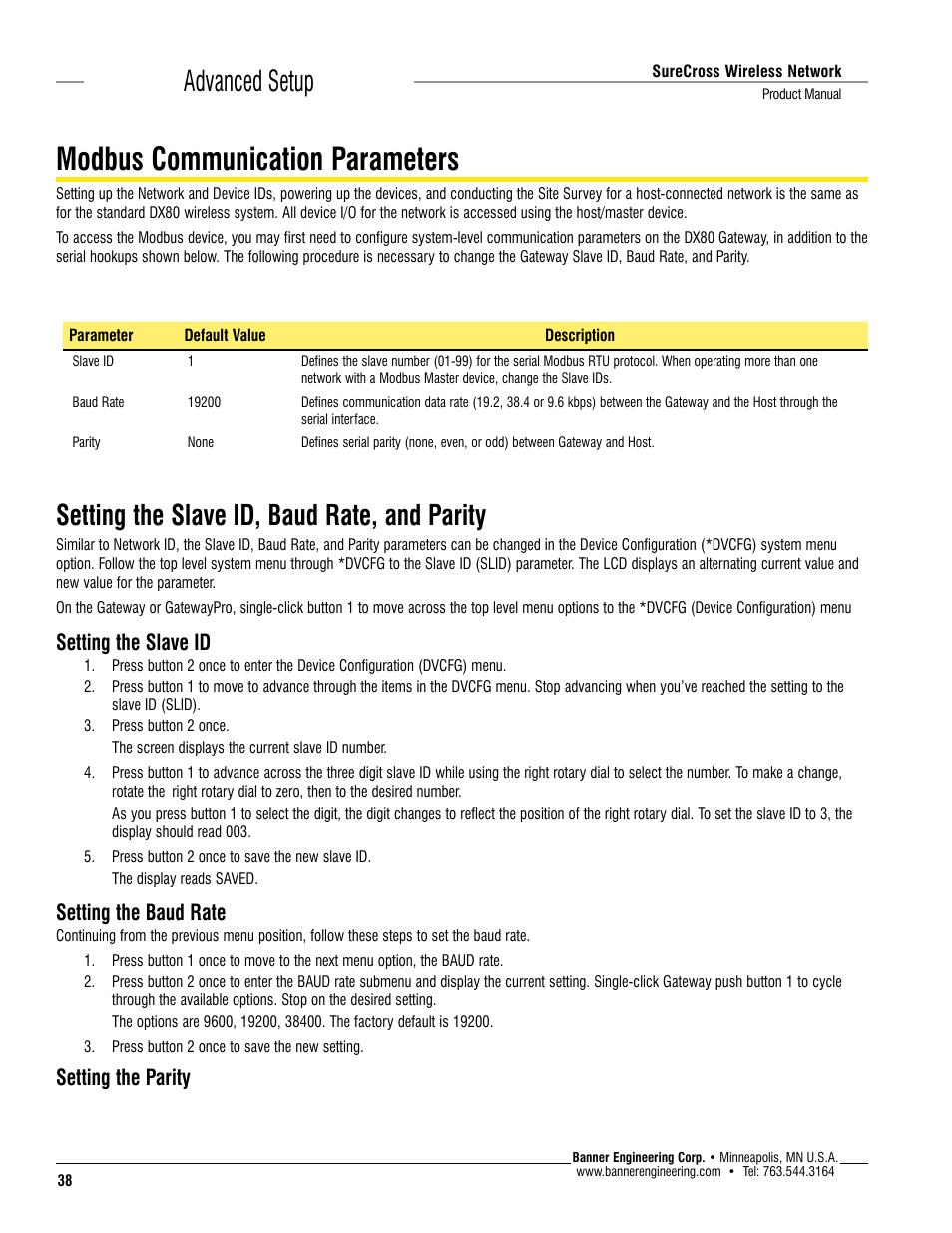 Modbus communication parameters, Advanced setup, Setting the slave id, baud rate, and parity | Setting the slave id, Setting the baud rate, Setting the parity | Banner SureCross DX80 Wireless Networks User Manual | Page 38 / 114