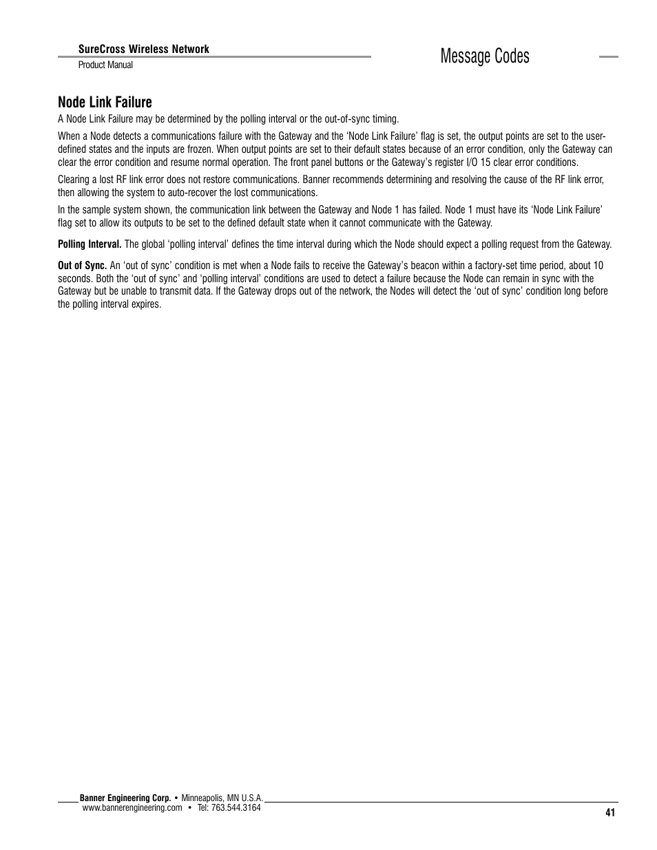 Message codes, Node link failure | Banner SureCross DX80 Wireless Networks User Manual | Page 41 / 114