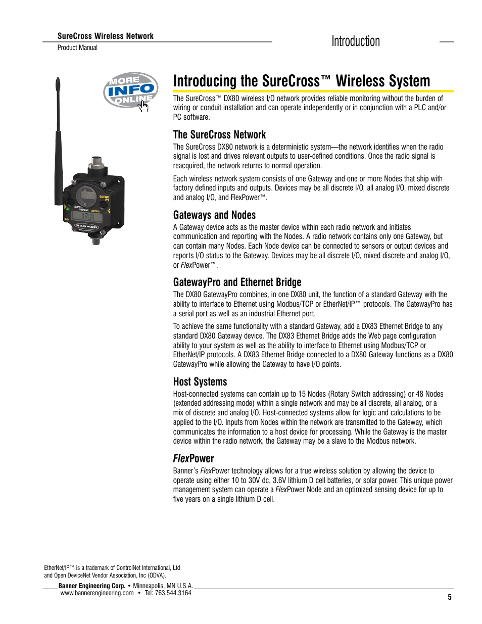 Introducing the surecross™ wireless system, Introduction, The surecross network | Gateways and nodes, Gatewaypro and ethernet bridge, Host systems, Flex power | Banner SureCross DX80 Wireless Networks User Manual | Page 5 / 114