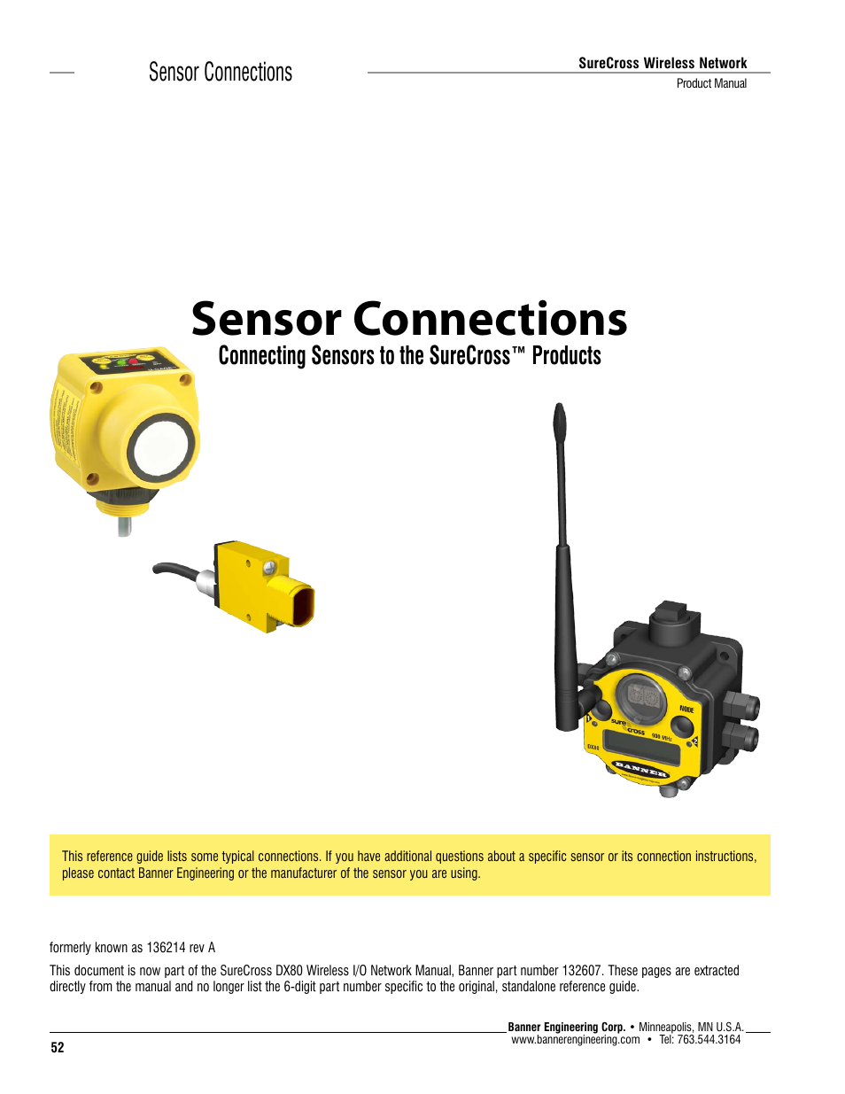 Sensor connections, Connecting sensors to the surecross™ products | Banner SureCross DX80 Wireless Networks User Manual | Page 52 / 114