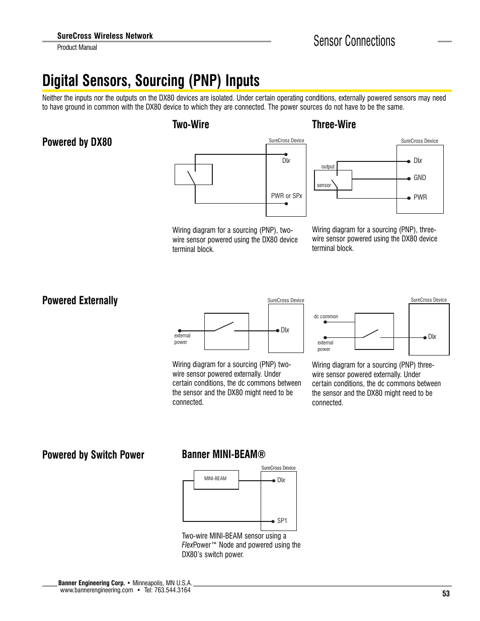 Digital sensors, sourcing (pnp) inputs, Sensor connections, Banner mini-beam | Powered by switch power | Banner SureCross DX80 Wireless Networks User Manual | Page 53 / 114