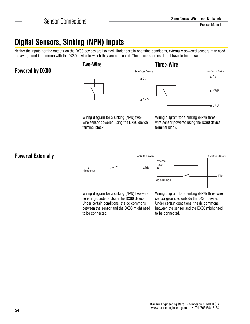 Digital sensors, sinking (npn) inputs, Sensor connections | Banner SureCross DX80 Wireless Networks User Manual | Page 54 / 114