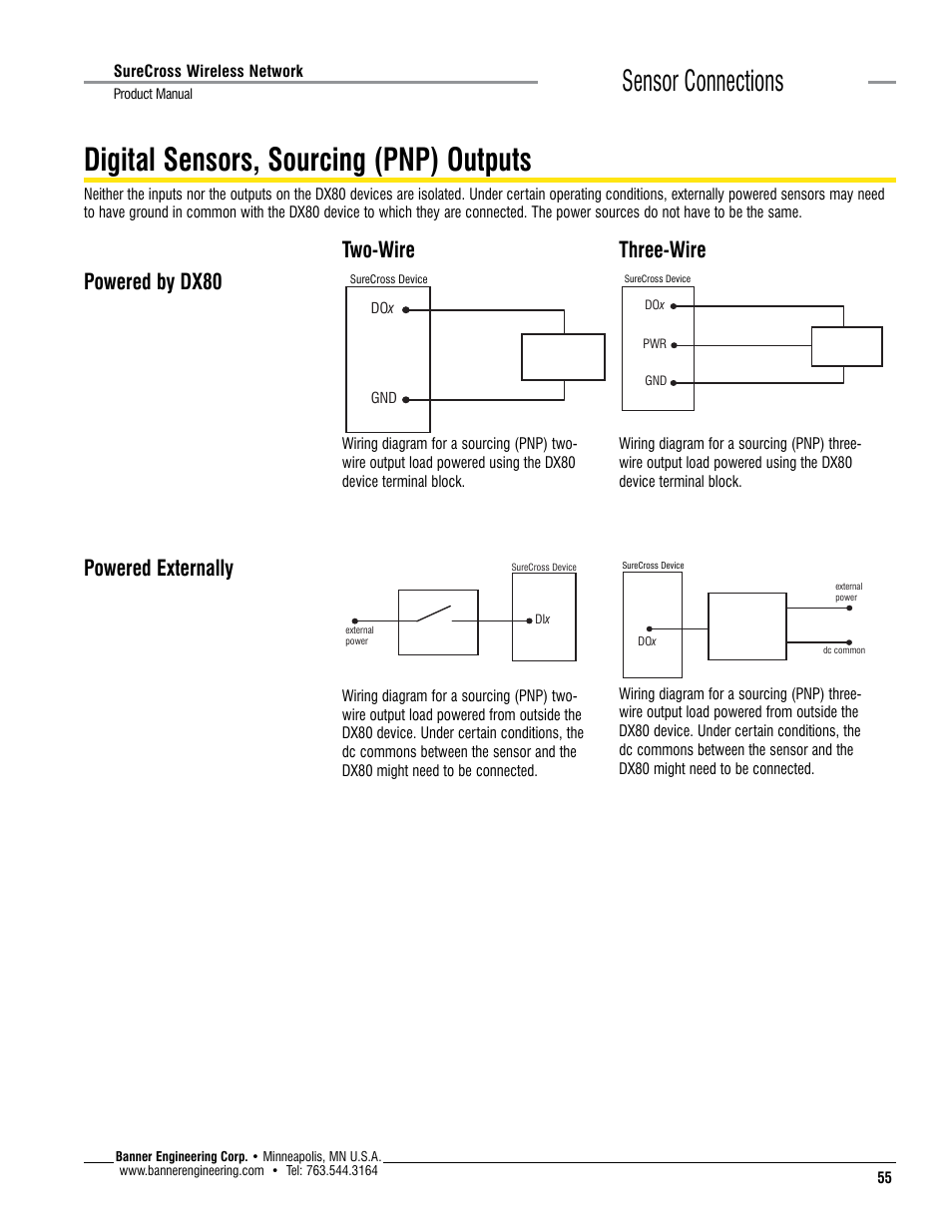 Digital sensors, sourcing (pnp) outputs, Sensor connections | Banner SureCross DX80 Wireless Networks User Manual | Page 55 / 114