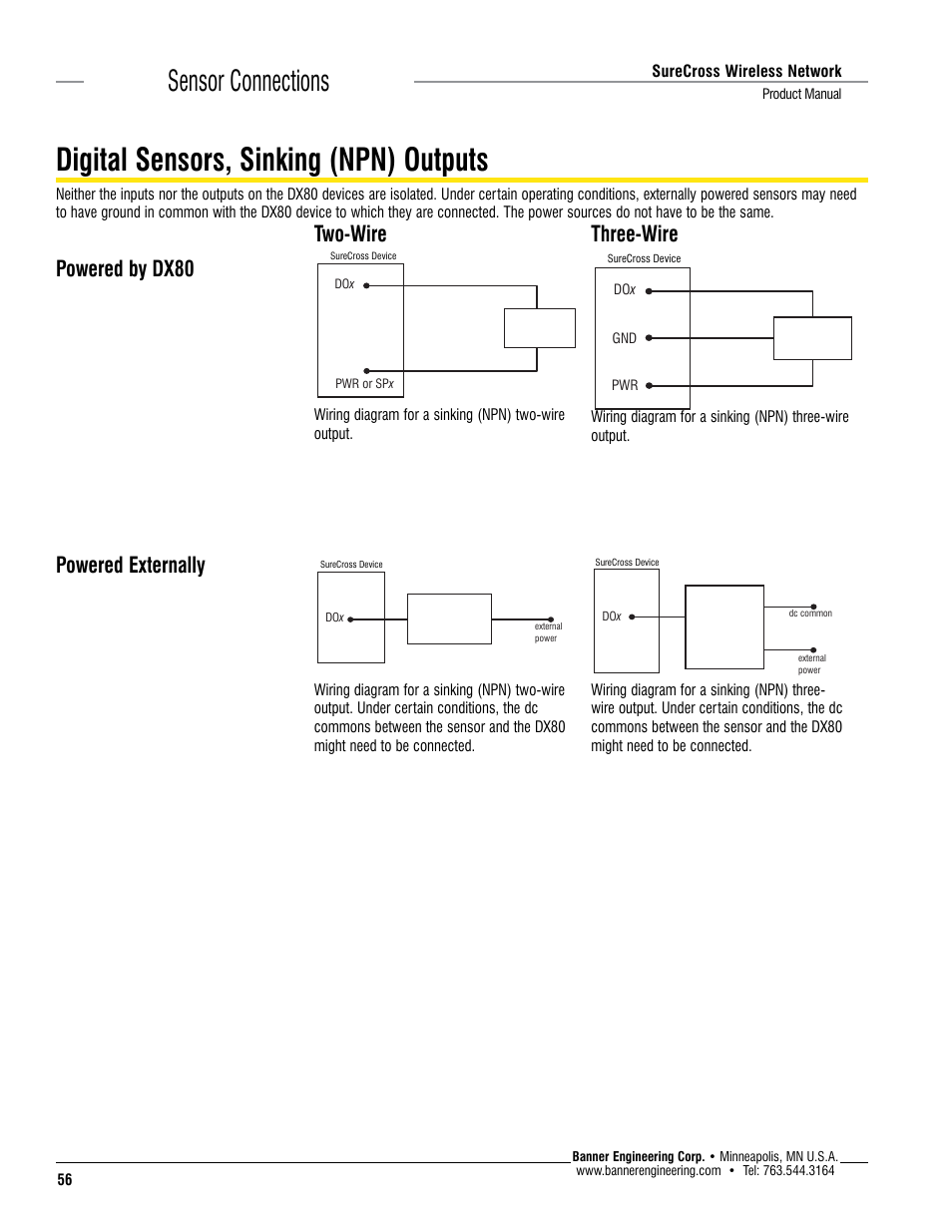 Digital sensors, sinking (npn) outputs, Sensor connections | Banner SureCross DX80 Wireless Networks User Manual | Page 56 / 114