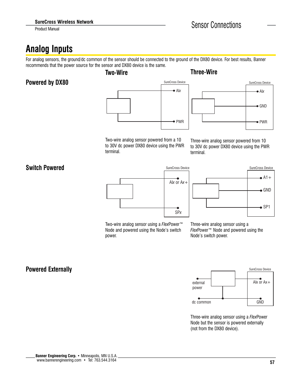 Analog inputs, Sensor connections, Powered by dx80 switch powered two-wire three-wire | Powered externally | Banner SureCross DX80 Wireless Networks User Manual | Page 57 / 114