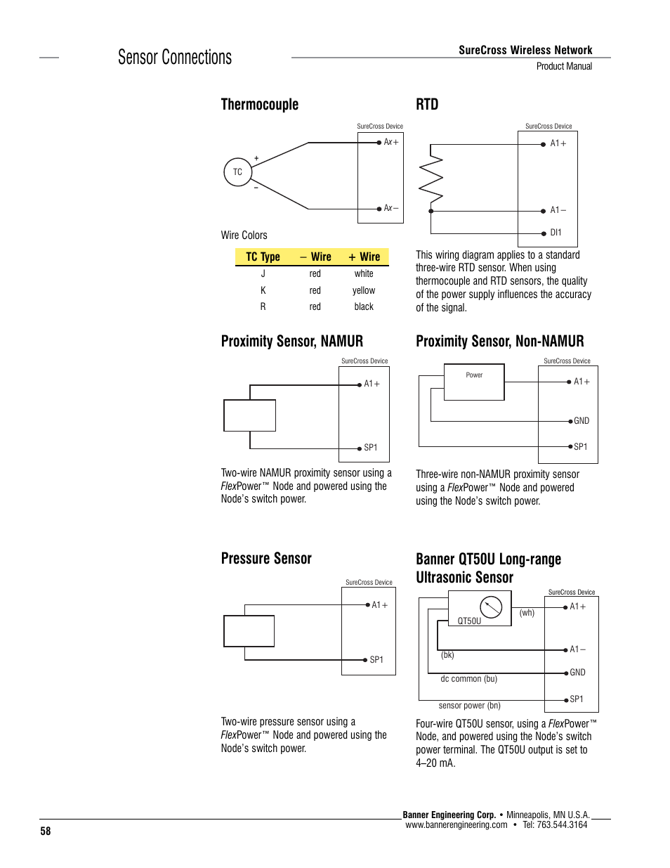 Sensor connections, Thermocouple, Banner qt50u long-range ultrasonic sensor | Pressure sensor proximity sensor, non-namur, Proximity sensor, namur | Banner SureCross DX80 Wireless Networks User Manual | Page 58 / 114