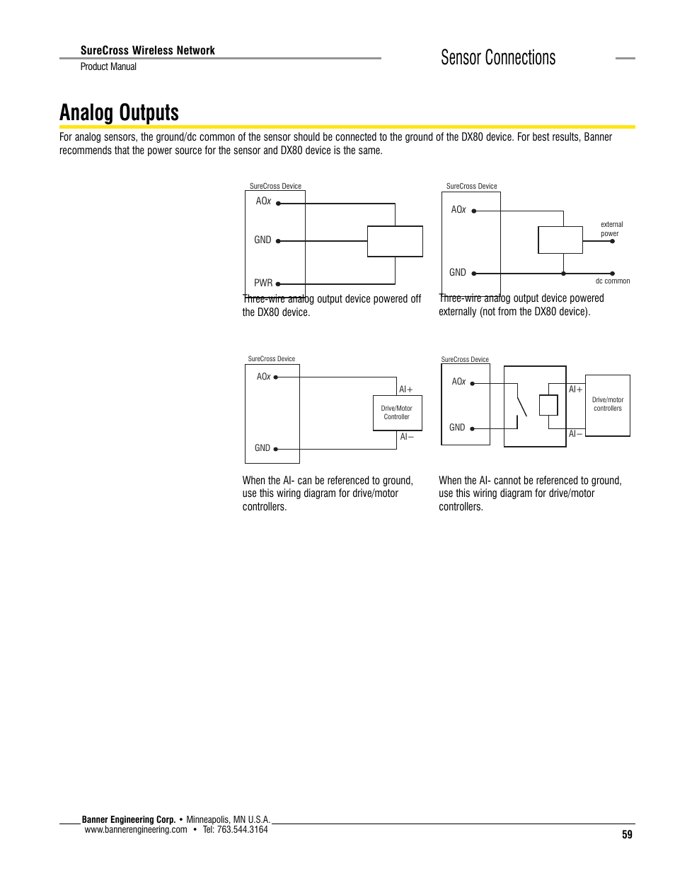 Analog outputs, Sensor connections | Banner SureCross DX80 Wireless Networks User Manual | Page 59 / 114