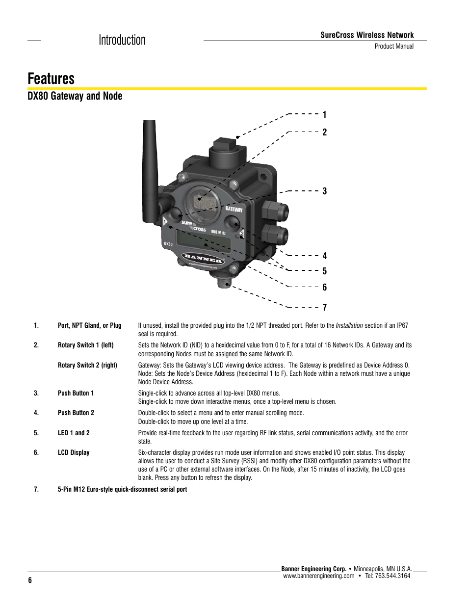 Features, Introduction, Dx80 gateway and node | Banner SureCross DX80 Wireless Networks User Manual | Page 6 / 114