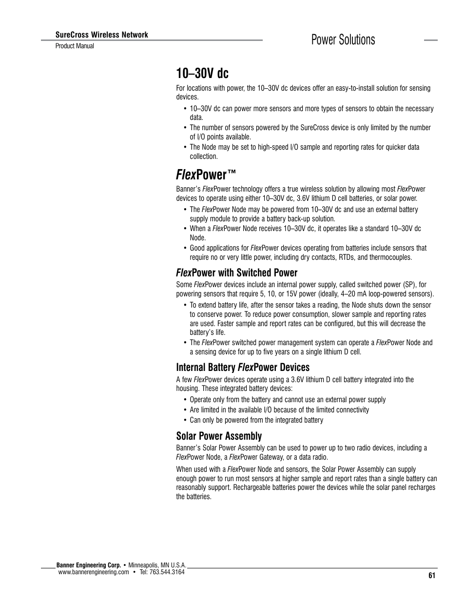 Power solutions 10–30v dc, Flex power, Flex power with switched power | Internal battery flex power devices, Solar power assembly | Banner SureCross DX80 Wireless Networks User Manual | Page 61 / 114