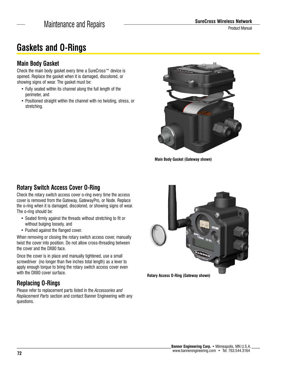 Gaskets and o-rings, Maintenance and repairs, Main body gasket | Rotary switch access cover o-ring, Replacing o-rings | Banner SureCross DX80 Wireless Networks User Manual | Page 72 / 114