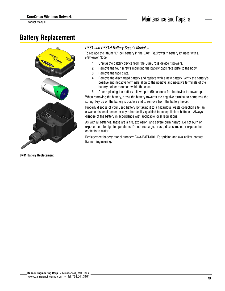 Battery replacement, Maintenance and repairs | Banner SureCross DX80 Wireless Networks User Manual | Page 73 / 114