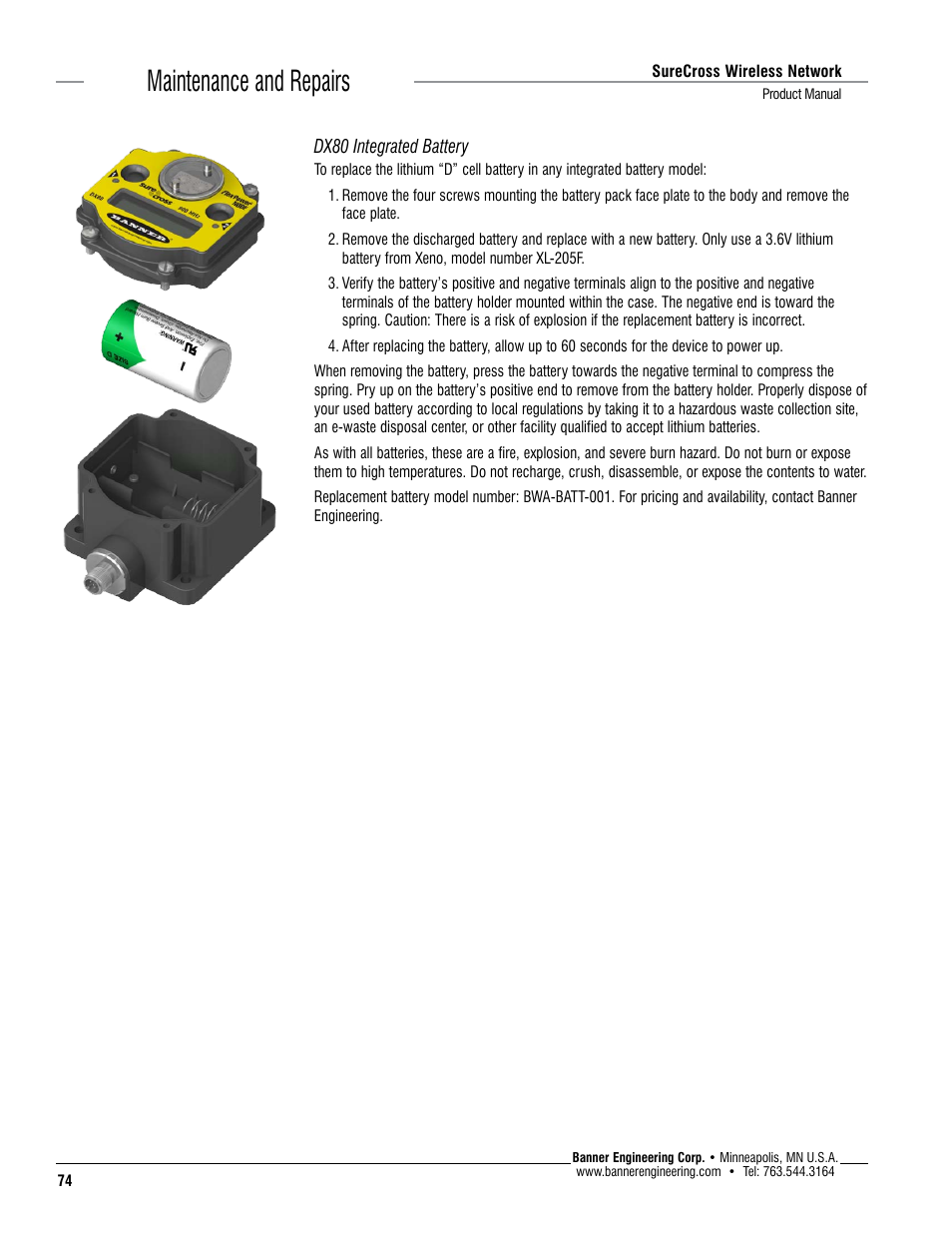 Maintenance and repairs | Banner SureCross DX80 Wireless Networks User Manual | Page 74 / 114