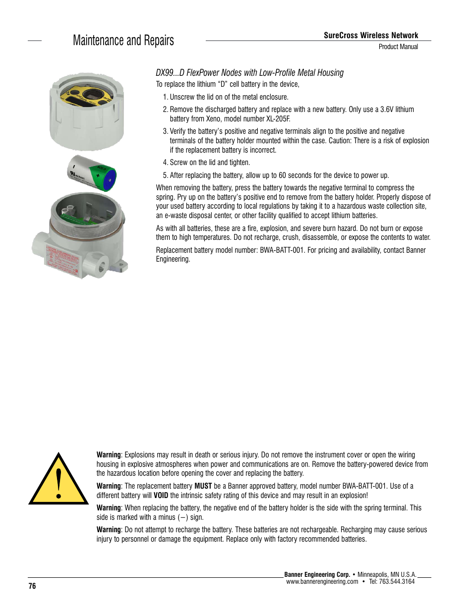 Maintenance and repairs | Banner SureCross DX80 Wireless Networks User Manual | Page 76 / 114