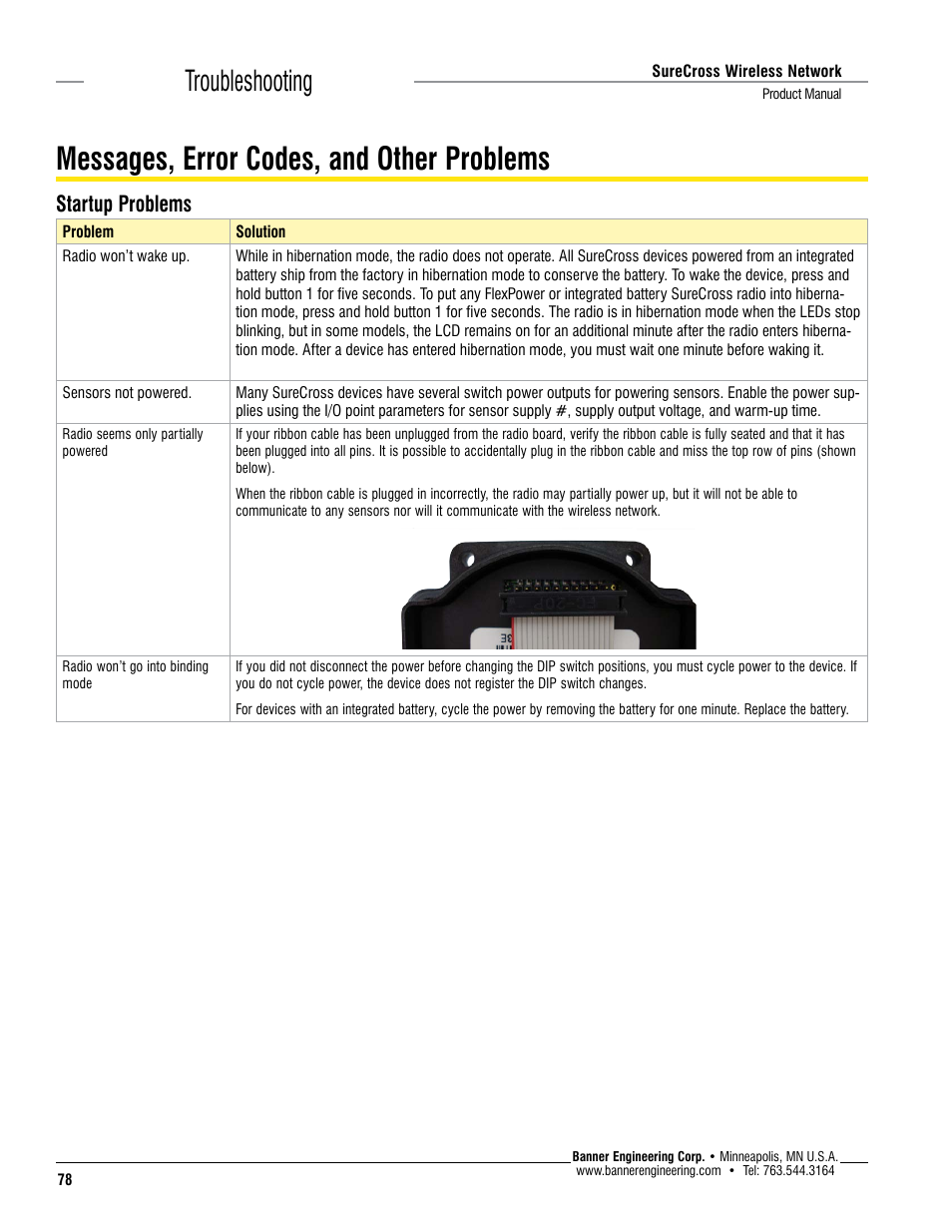 Messages, error codes, and other problems, Troubleshooting, Startup problems | Banner SureCross DX80 Wireless Networks User Manual | Page 78 / 114