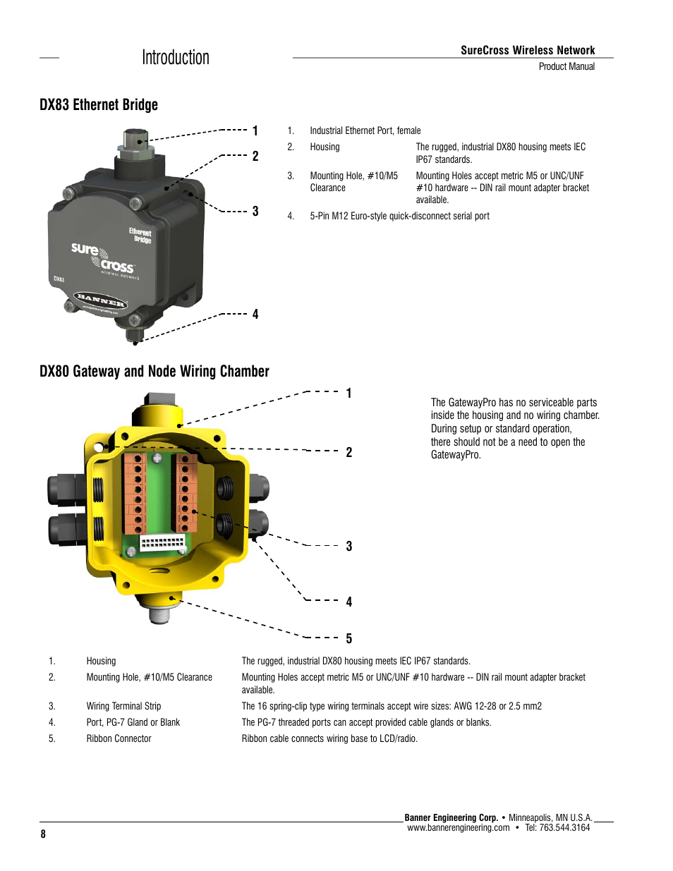 Introduction, Dx83 ethernet bridge, Dx80 gateway and node wiring chamber | Banner SureCross DX80 Wireless Networks User Manual | Page 8 / 114