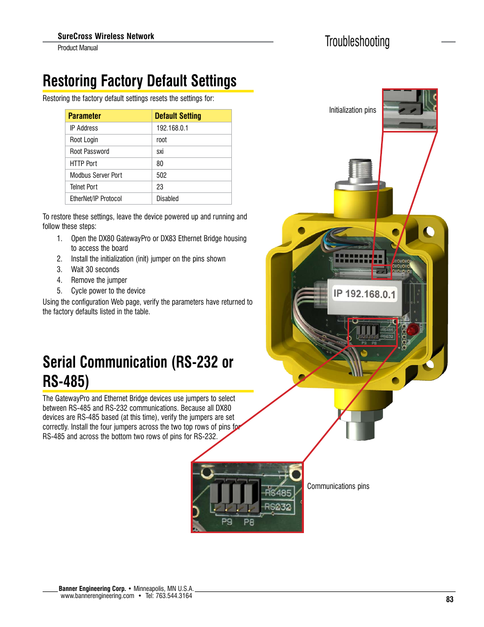 Restoring factory default settings, Serial communication (rs-232 or rs-485), Troubleshooting | Banner SureCross DX80 Wireless Networks User Manual | Page 83 / 114