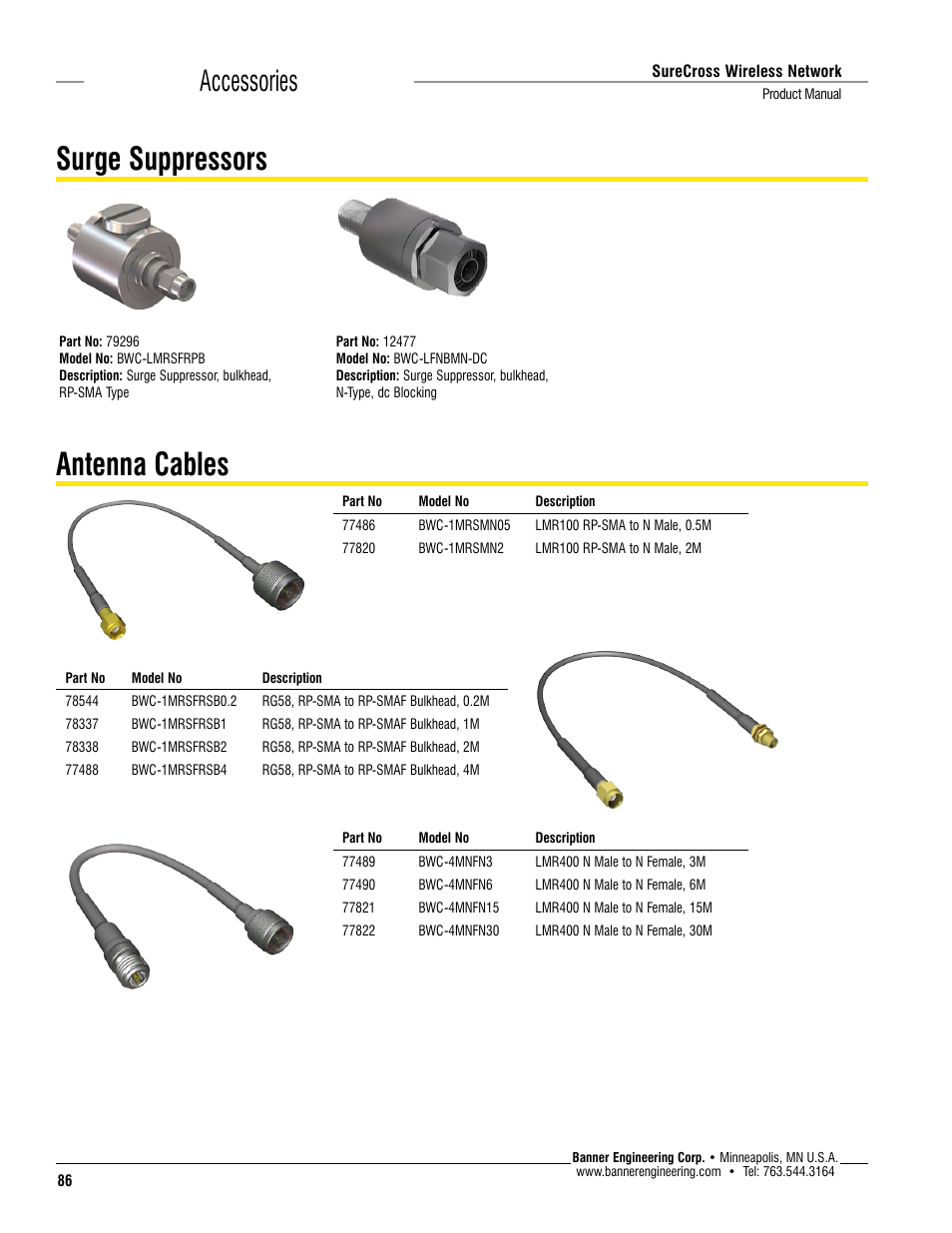 Surge suppressors, Antenna cables, Surge suppressors antenna cables | Accessories | Banner SureCross DX80 Wireless Networks User Manual | Page 86 / 114