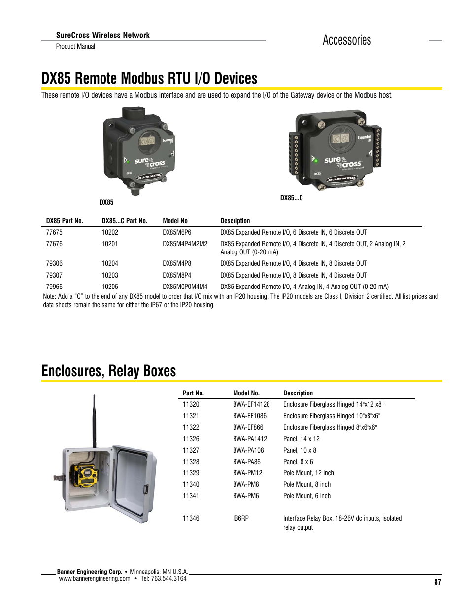 Dx85 remote modbus rtu i/o devices, Enclosures, relay boxes, Accessories | Banner SureCross DX80 Wireless Networks User Manual | Page 87 / 114