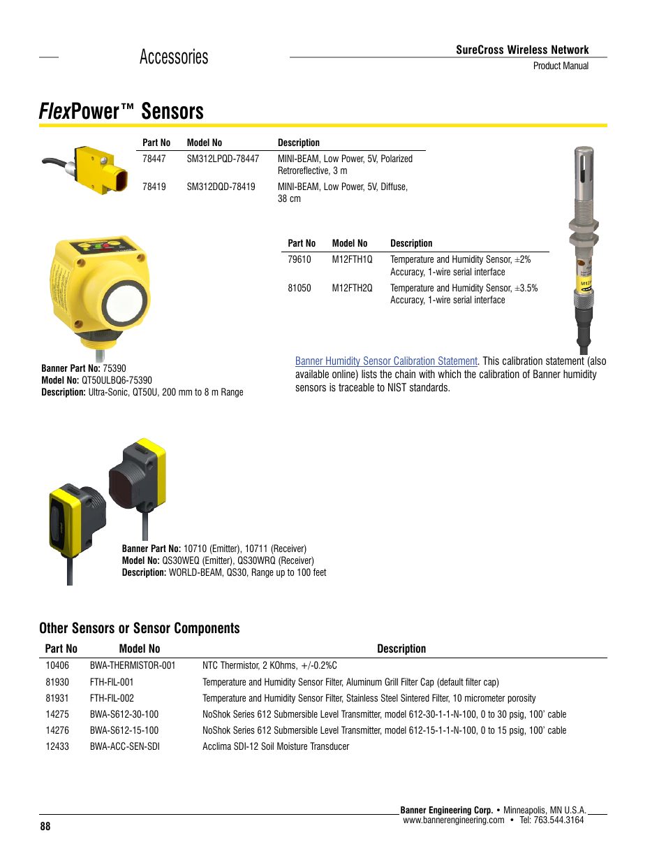 Flexpower™ sensors, Flex power™ sensors, Accessories | Other sensors or sensor components | Banner SureCross DX80 Wireless Networks User Manual | Page 88 / 114