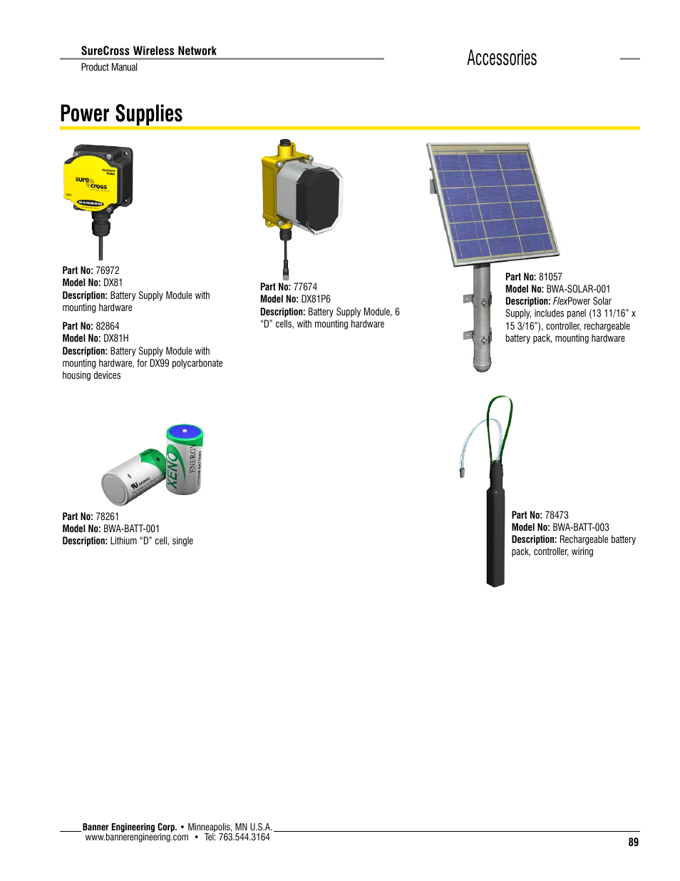 Power supplies, Accessories | Banner SureCross DX80 Wireless Networks User Manual | Page 89 / 114