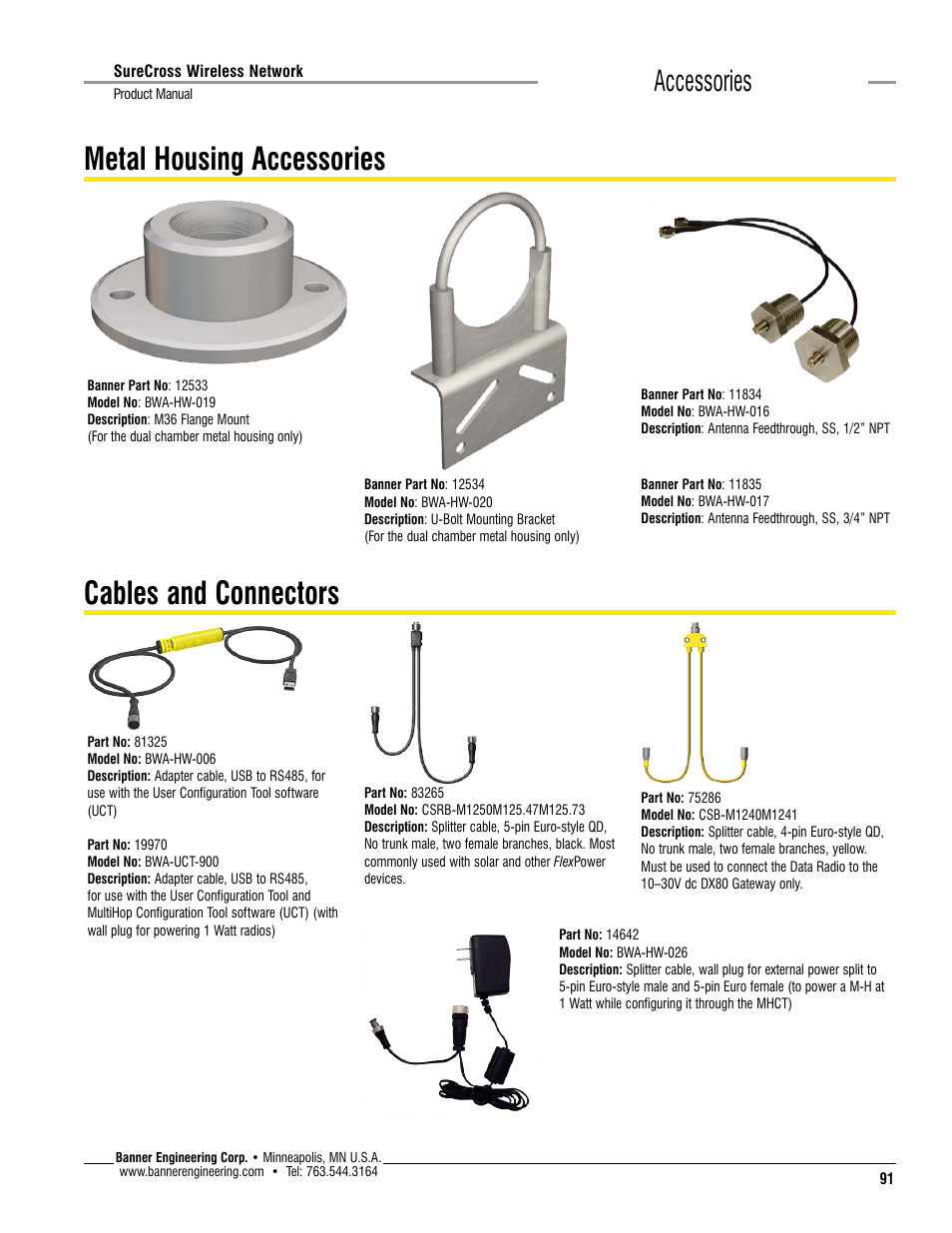 Metal housing accessories, Cables and connectors, Metal housing accessories cables and connectors | Accessories | Banner SureCross DX80 Wireless Networks User Manual | Page 91 / 114