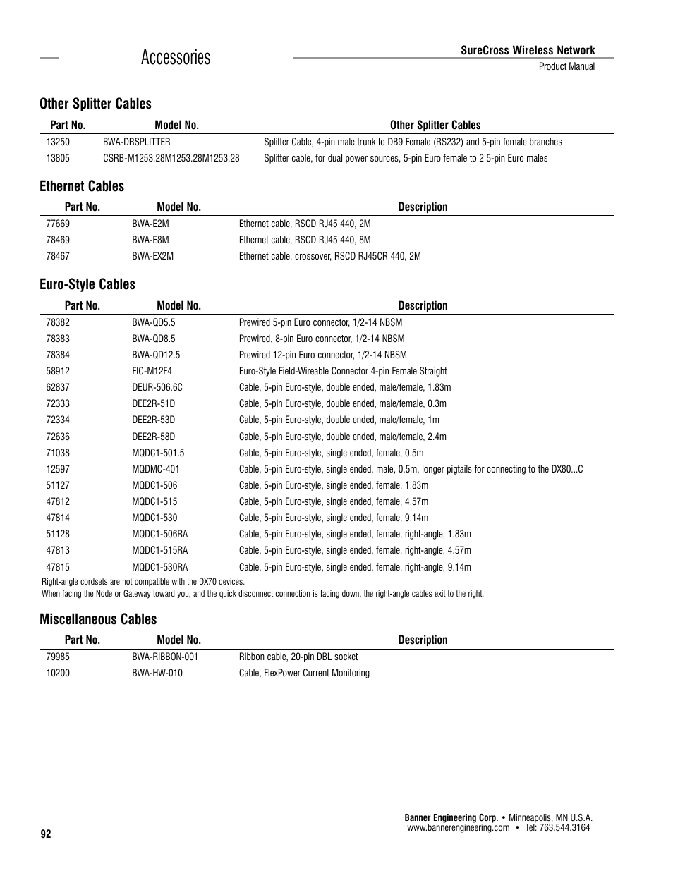 Accessories, Other splitter cables, Ethernet cables | Euro-style cables, Miscellaneous cables | Banner SureCross DX80 Wireless Networks User Manual | Page 92 / 114